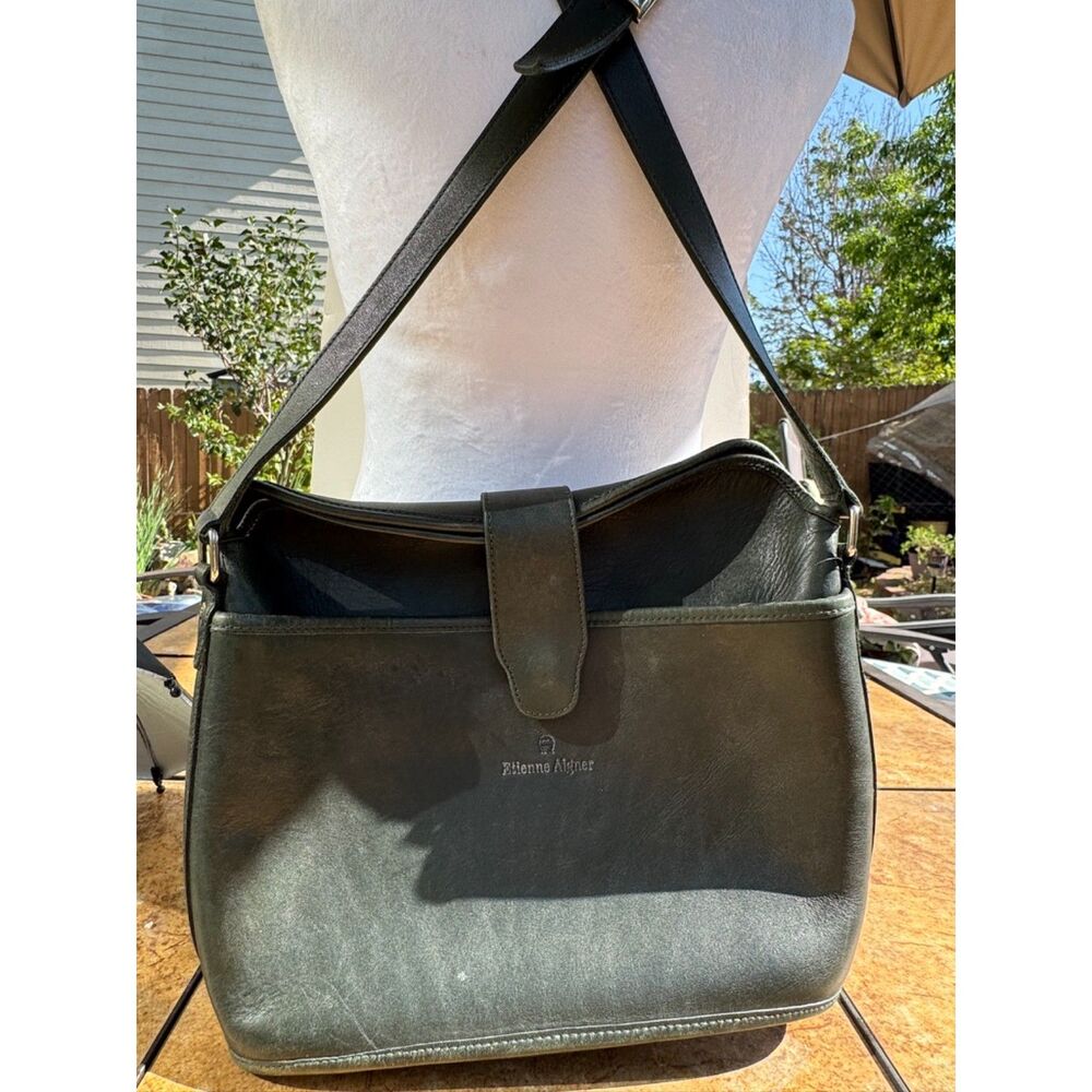 Etienne Aigner Forest Green Leather Crossbody Open Top Snap Adjustable Strap